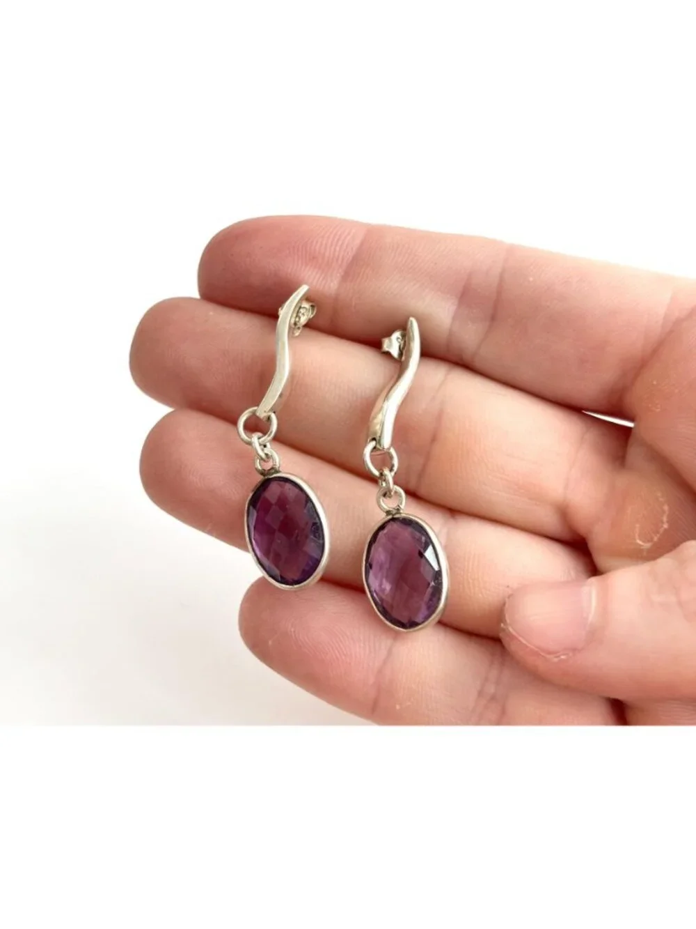 Amethyst Gemstone Swirly Minimalist Vintage Sterling Silver 925 Earrings